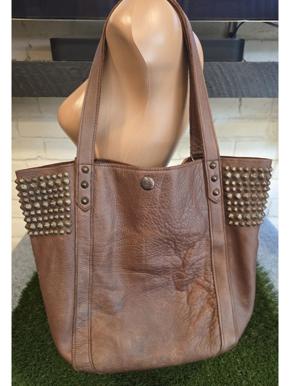 McFadin Stacy & Laurie Brown Leather Studded Tote Bag Western Boho Spiked